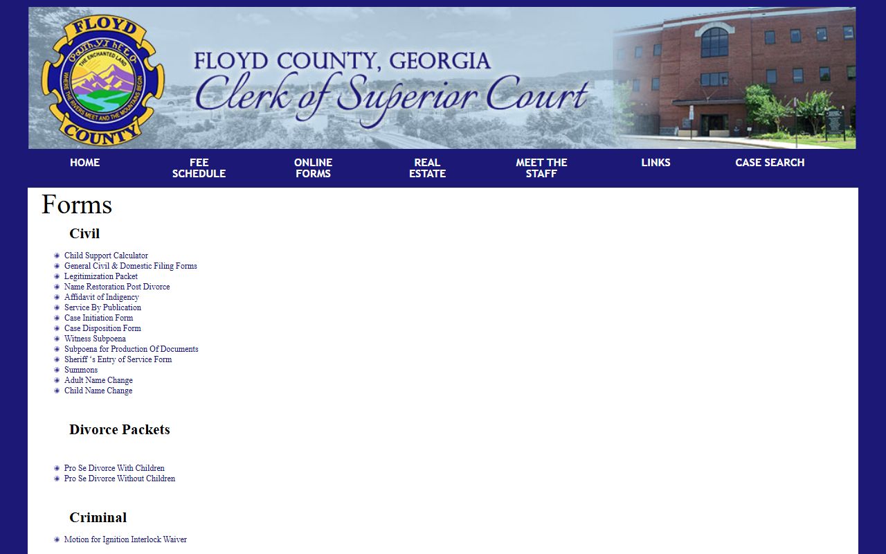 Floyd County Clerk of Superior Court forms for case records