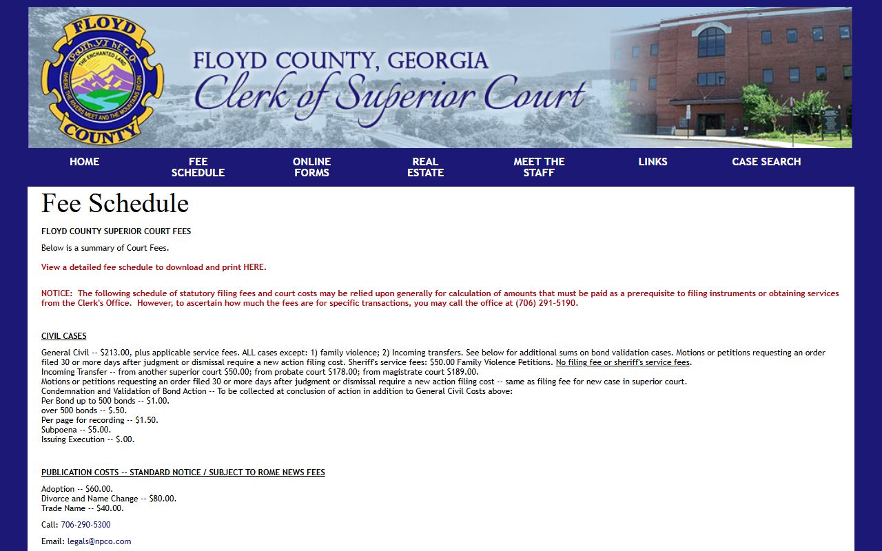 Floyd County Clerk of Superior Court fee schedule for records
