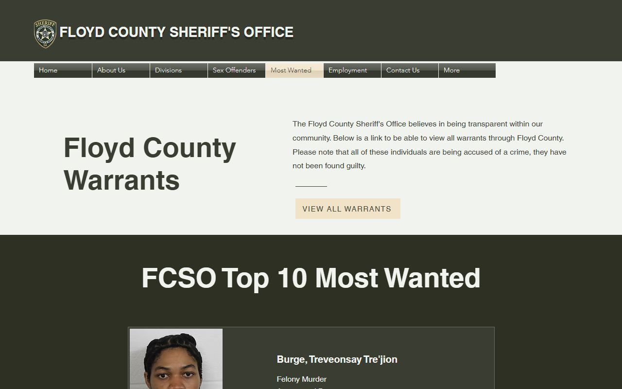 Floyd County warrant records Most Wanted page